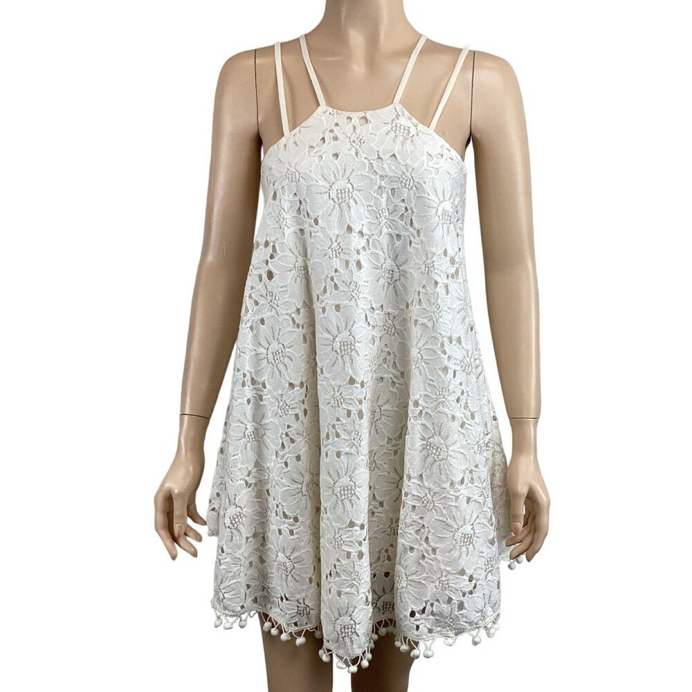 Lucy‎ Paris White Lace Eyelet Floral Swing Dress Size XS Xsmall Pom Poms